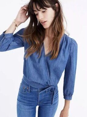 Madewell Lightweight Denim Blue Wrap Blouse 3/4 sleeve
